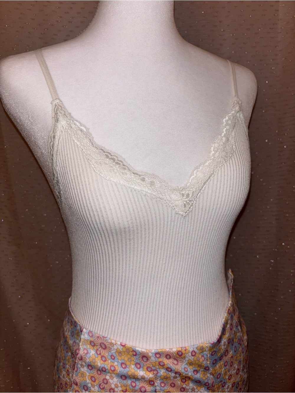Forever 21 Cream Ribbed Lace-Trim Bodysuit